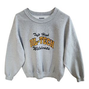 Gildan Sweatshirt Taft High Oil-Tech Wildcats Unisex L Gray Crewneck Vintage